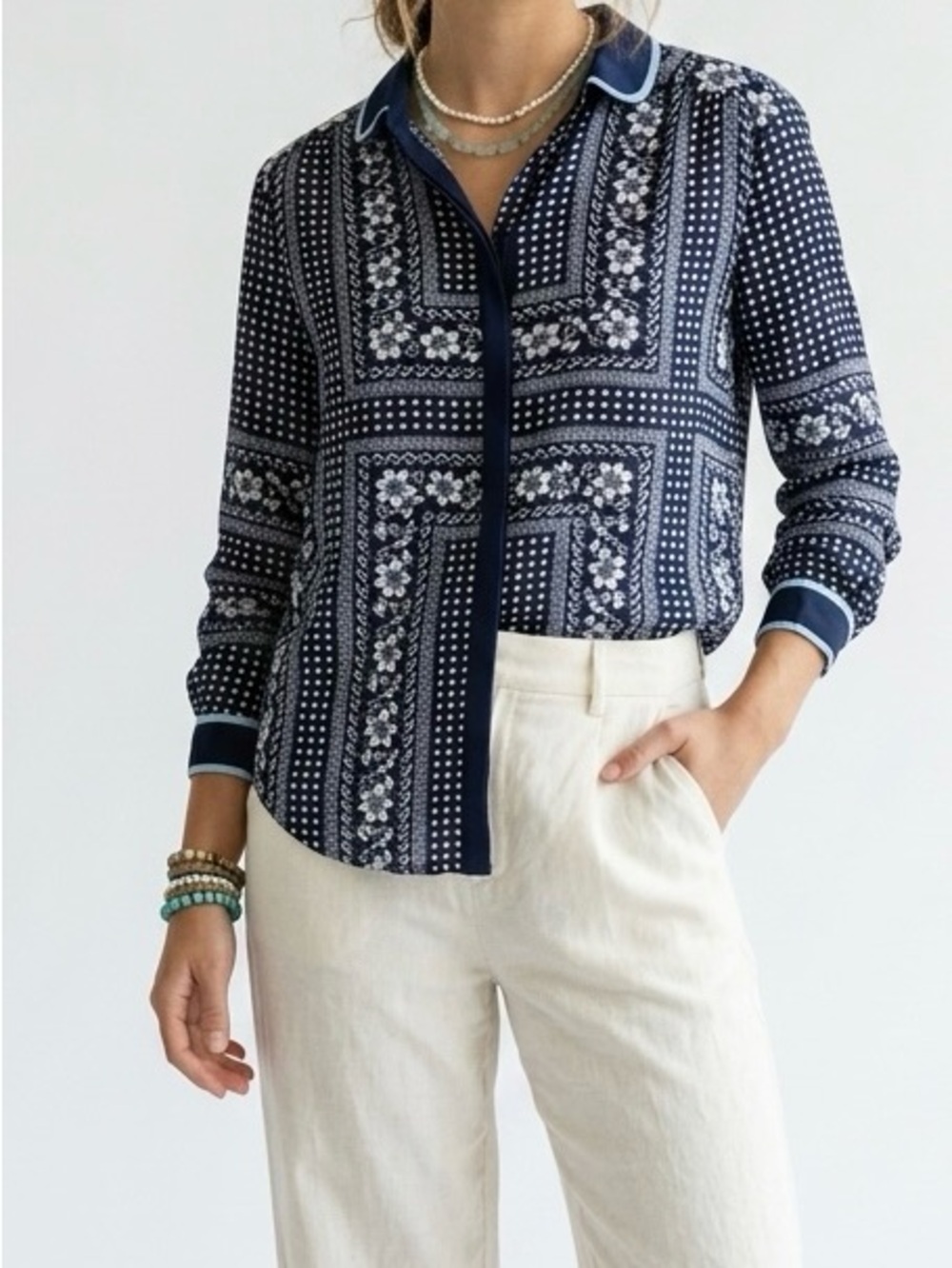 Anthropologie Maeve Art House Floral Bandana Button Down Blouse Top Navy Size 4